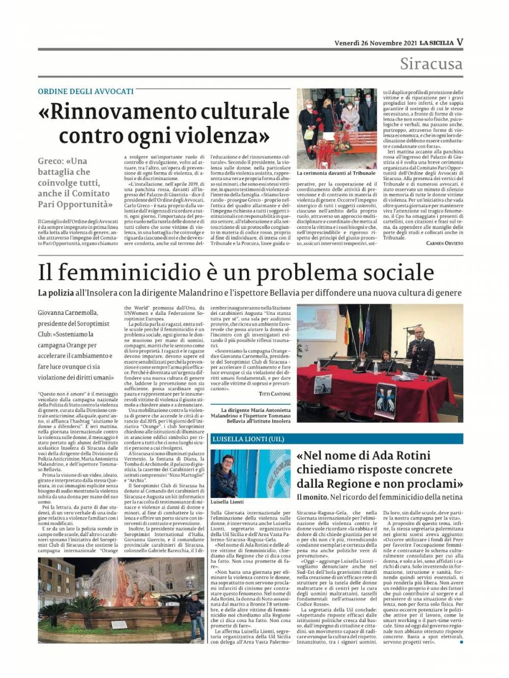 Pagina del giornale la Sicilia del 26 novembre 2021